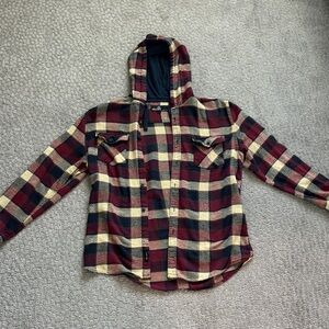 Men's Hooded Plaid Flannel Shirt Jacket - Burgundy/Ivory/Black